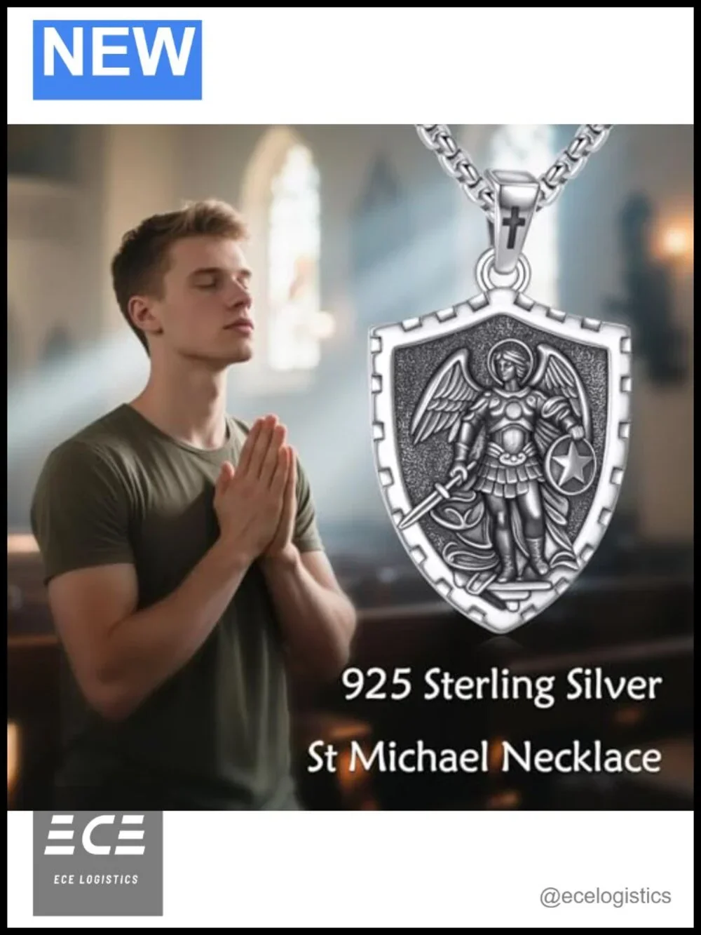 Sterling Silver Saint Medal Necklace Oval Archangel Pendant Religious